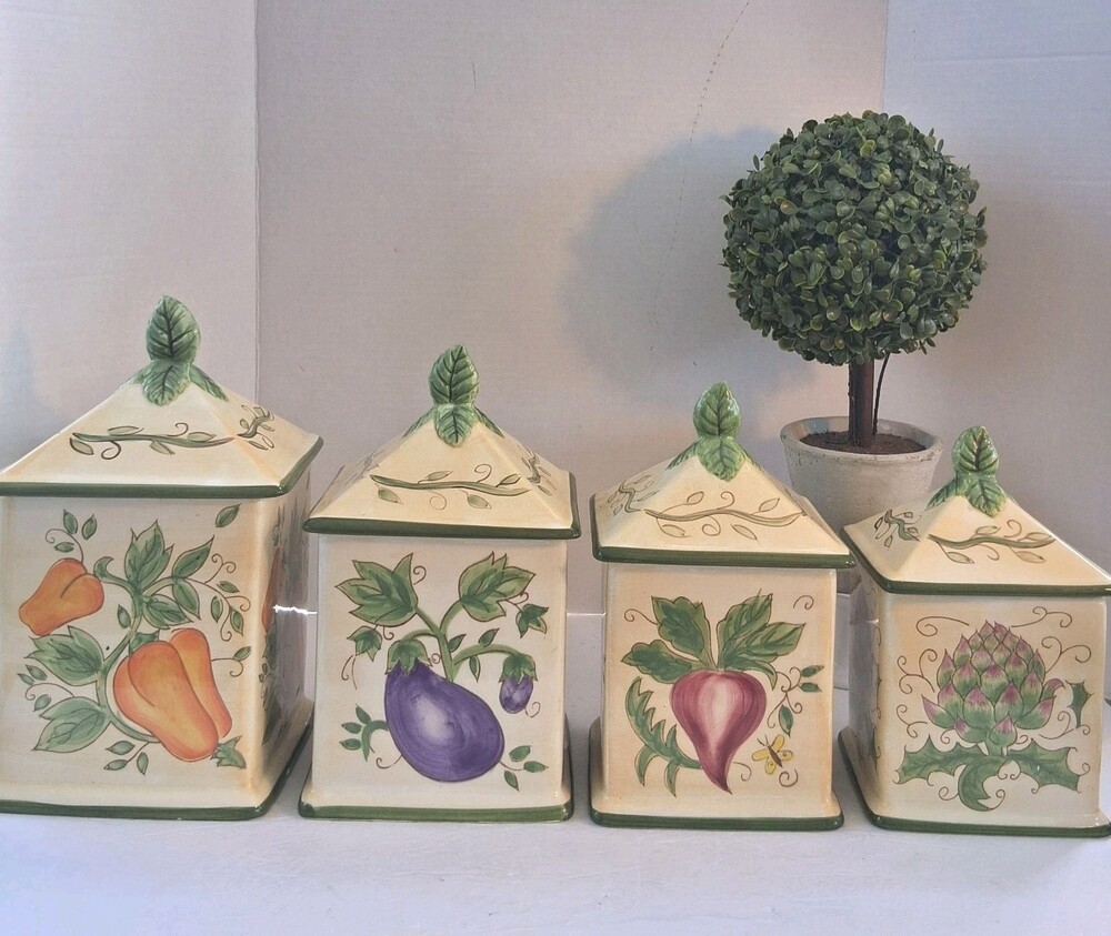 VTG"Certified International" Ceramic Canisters;Set of 4 Veg.Theme;Airtight Seals